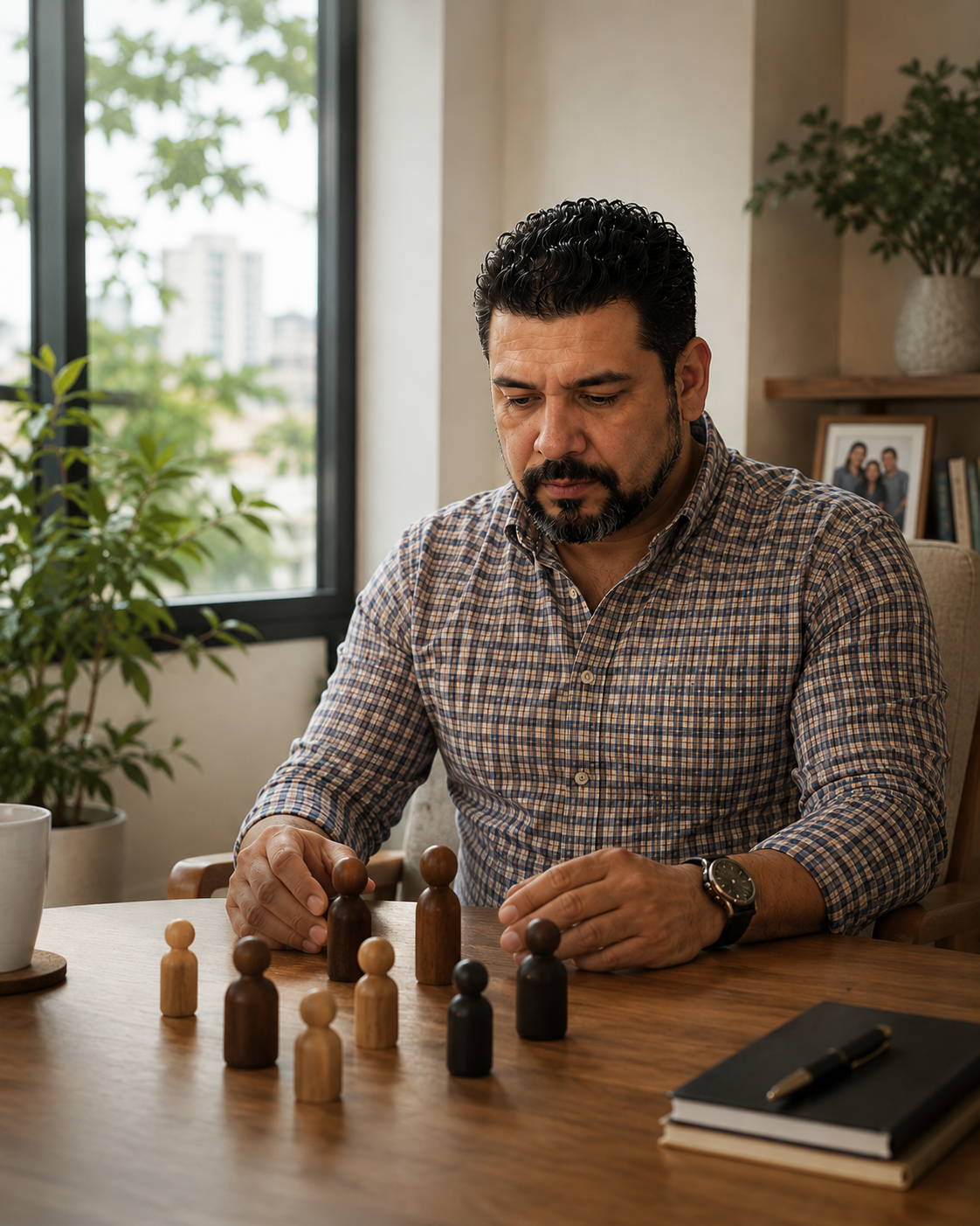 Miguel Contreras en una sesion individual de constelaciones familiares con figuras de madera